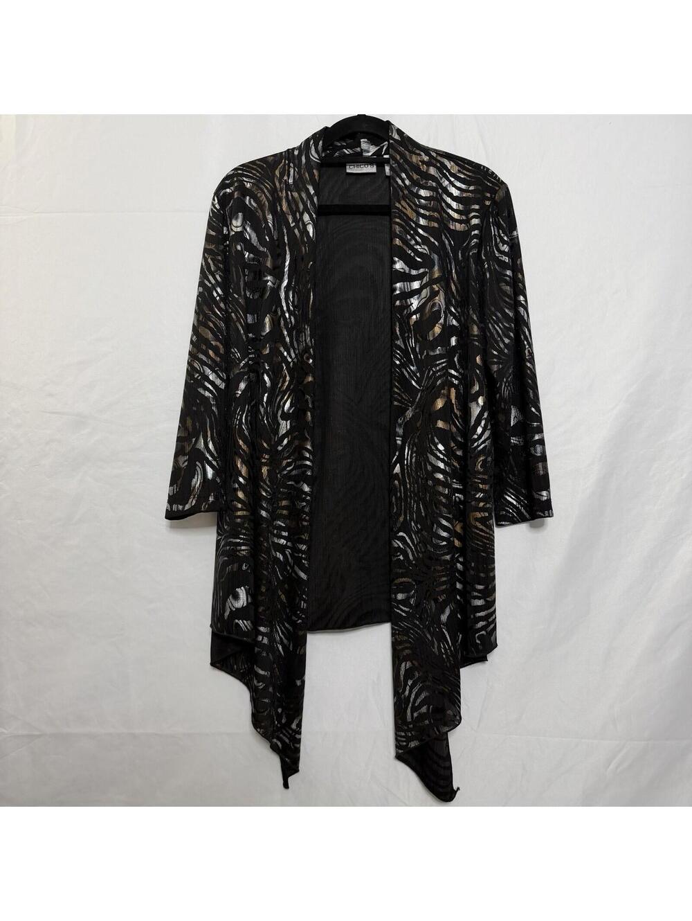 Chico's Sheer Open Front Duster Cardigan Black Gold Abstract Print Size 0 S